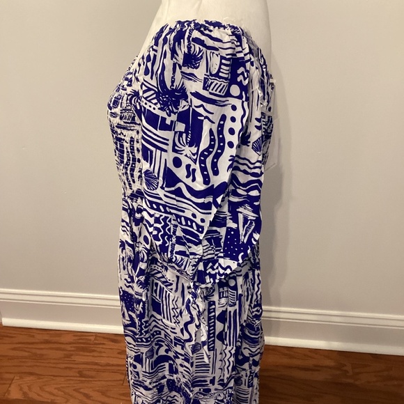 PUFF SLEEVE RESORT PRINT DRESS (Color: Blue/ White) - Picture 3 of 7